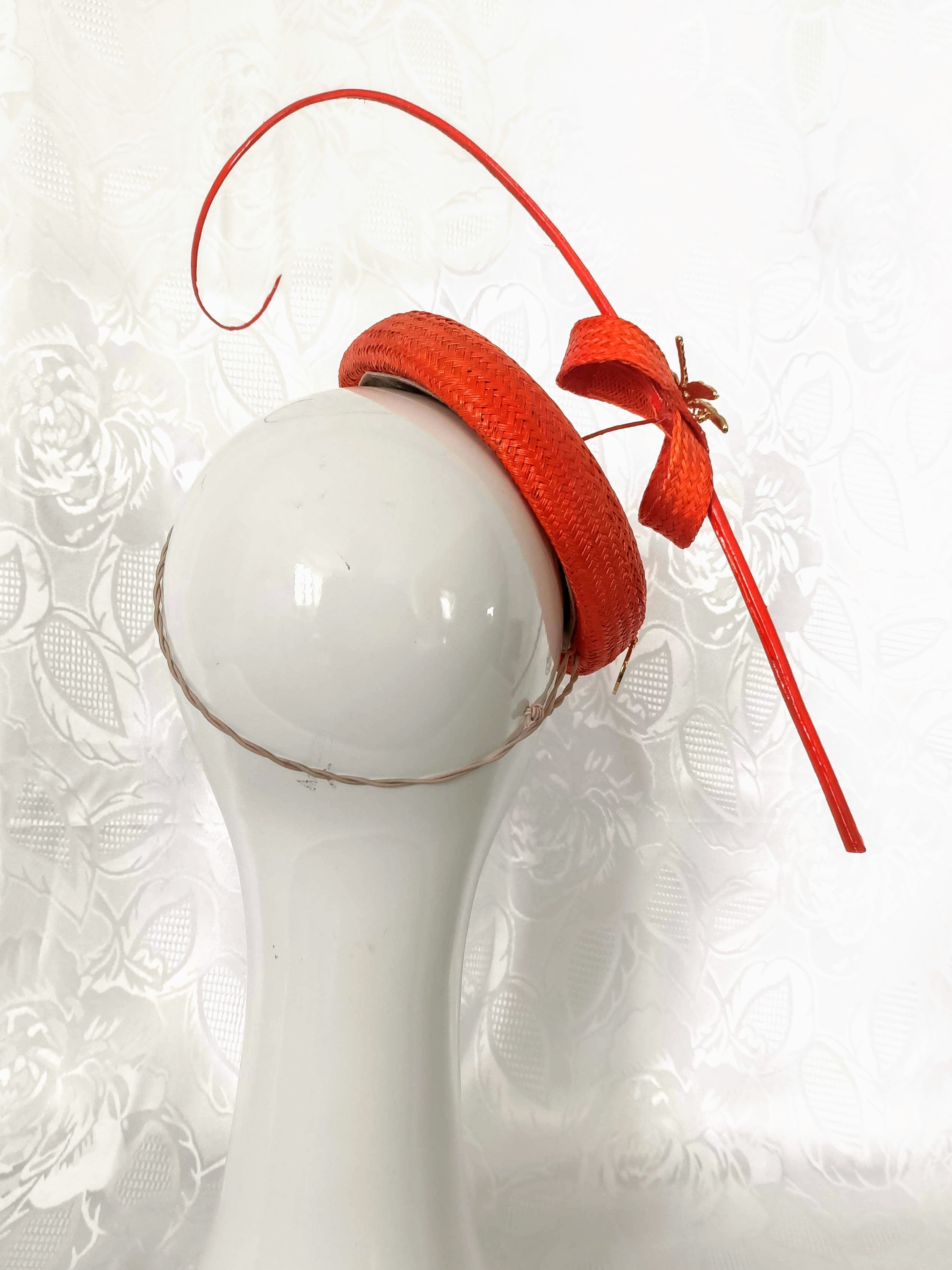 Handcrafted Orange Straw Fascinator with Floating Quill & Dragonfly Brooches – Kathryn Lee bespoke collection