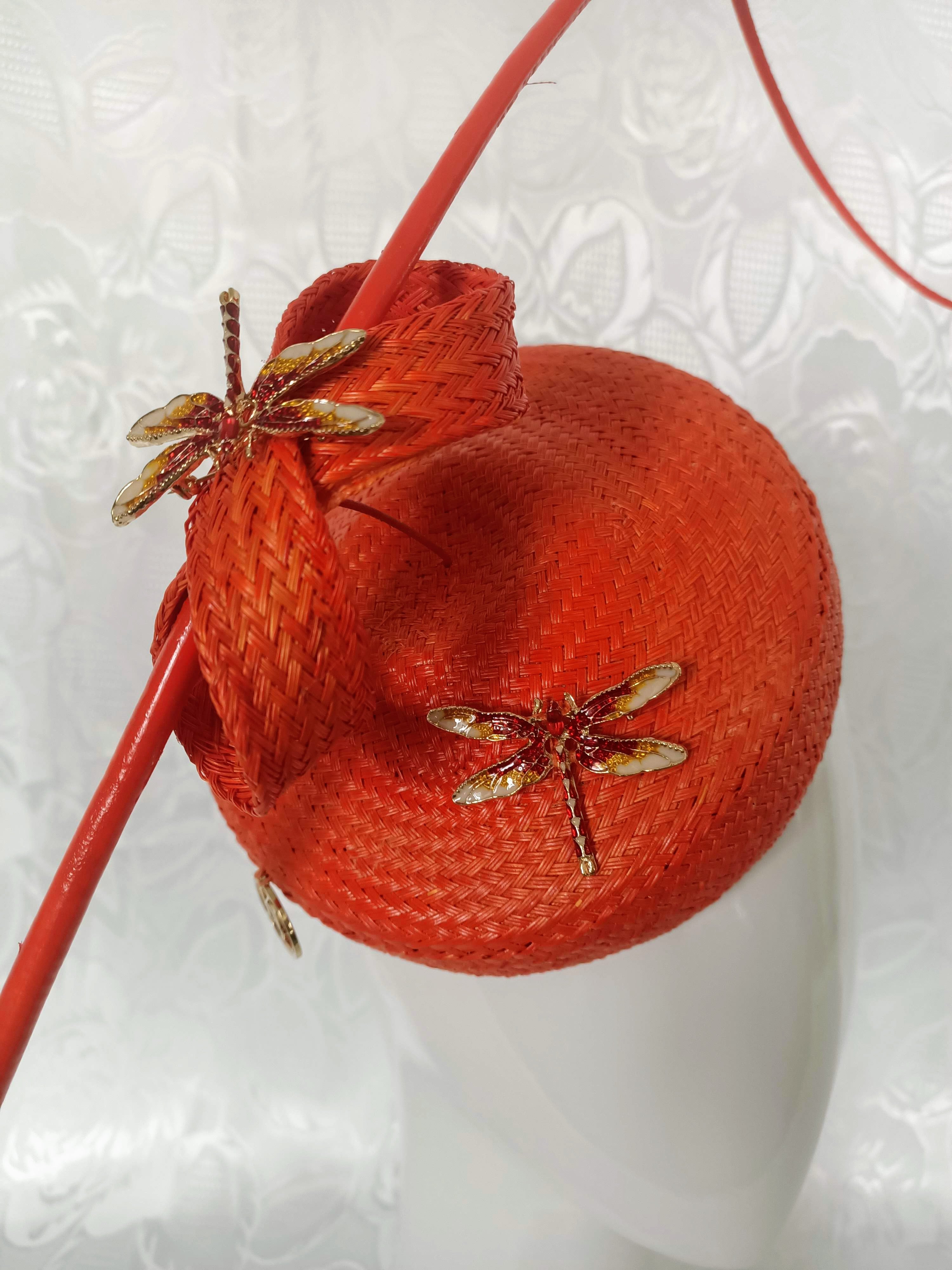 Orange Straw Fascinator with Floating Quill & Dragonfly Brooches – crafted from straw perfect for Oaks Day