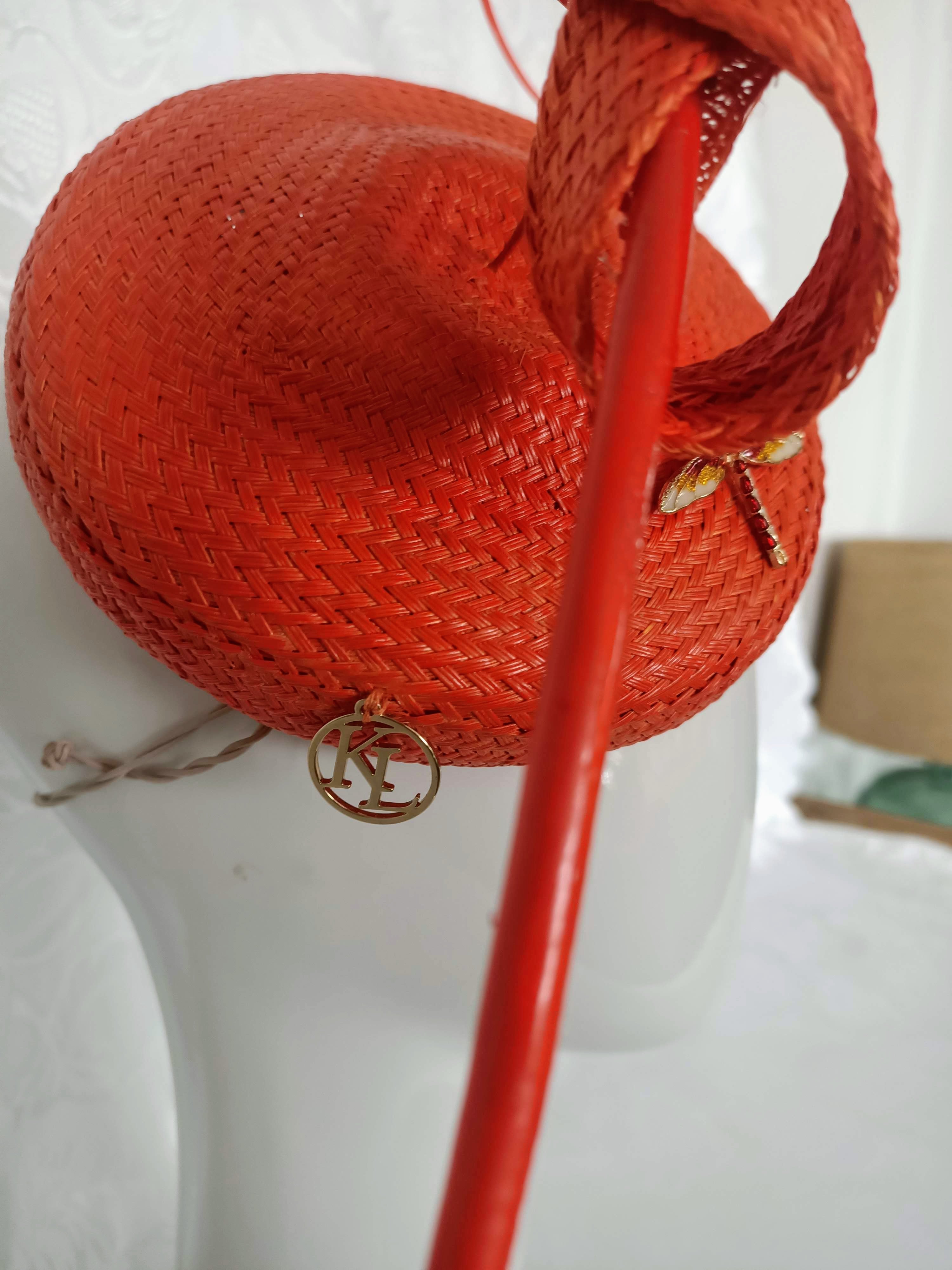 Kathryn Lee Millinery Orange Straw Fascinator with Floating Quill & Dragonfly Brooches featuring straw – Australian couture headwear