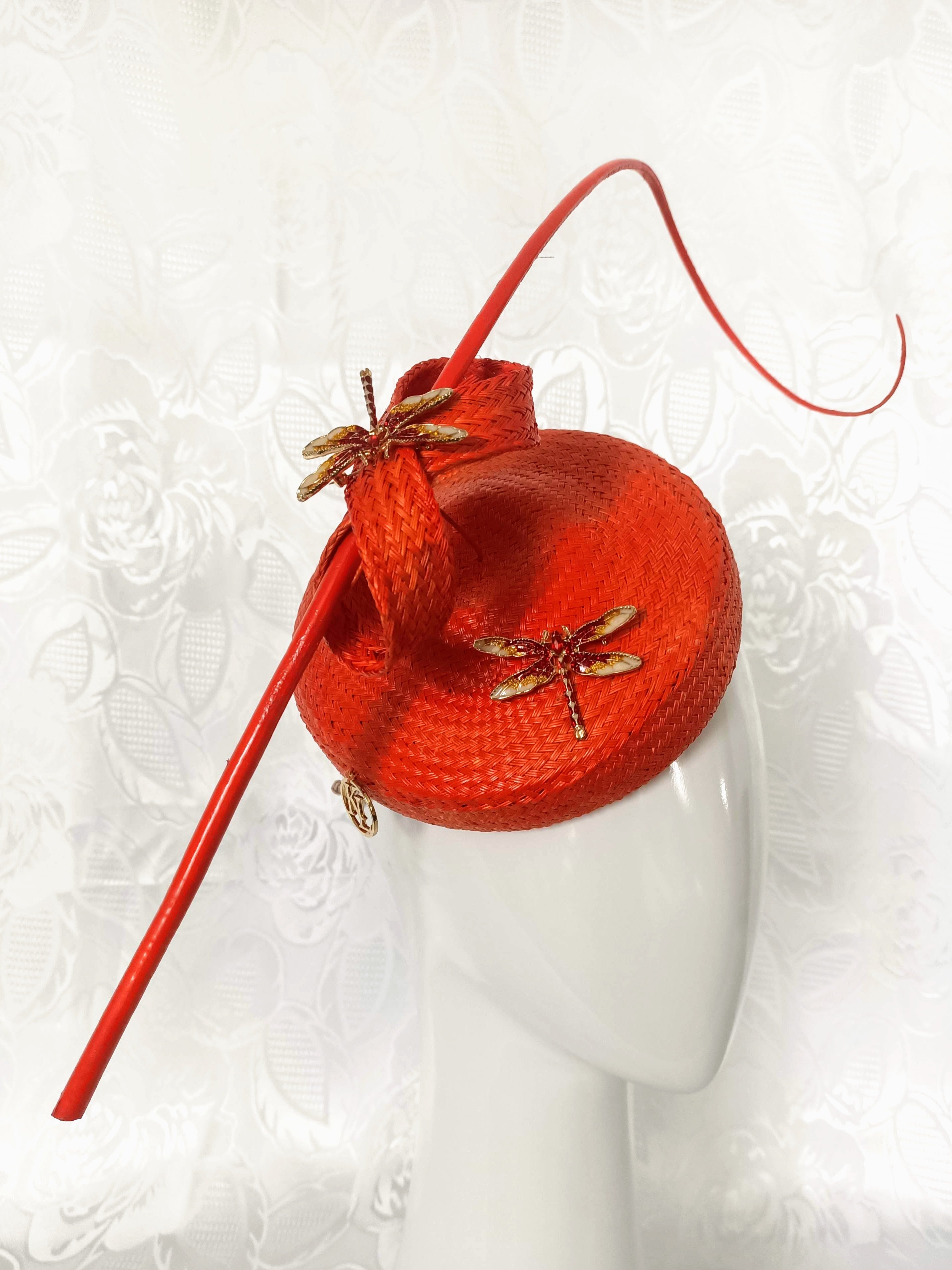 Bespoke Orange Straw Fascinator with Floating Quill & Dragonfly Brooches crafted from straw – designed for spring racing carnival by Kathryn Lee