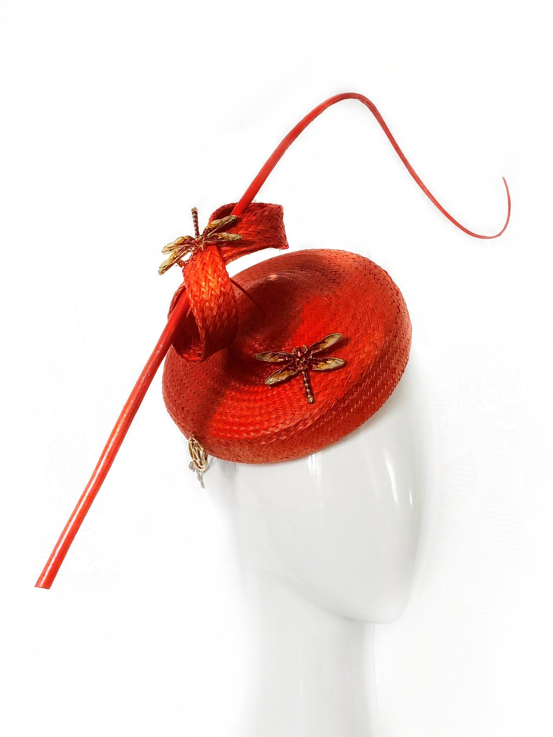 Designer Orange Straw Fascinator with Floating Quill & Dragonfly Brooches crafted from straw – Kathryn Lee Millinery Australia