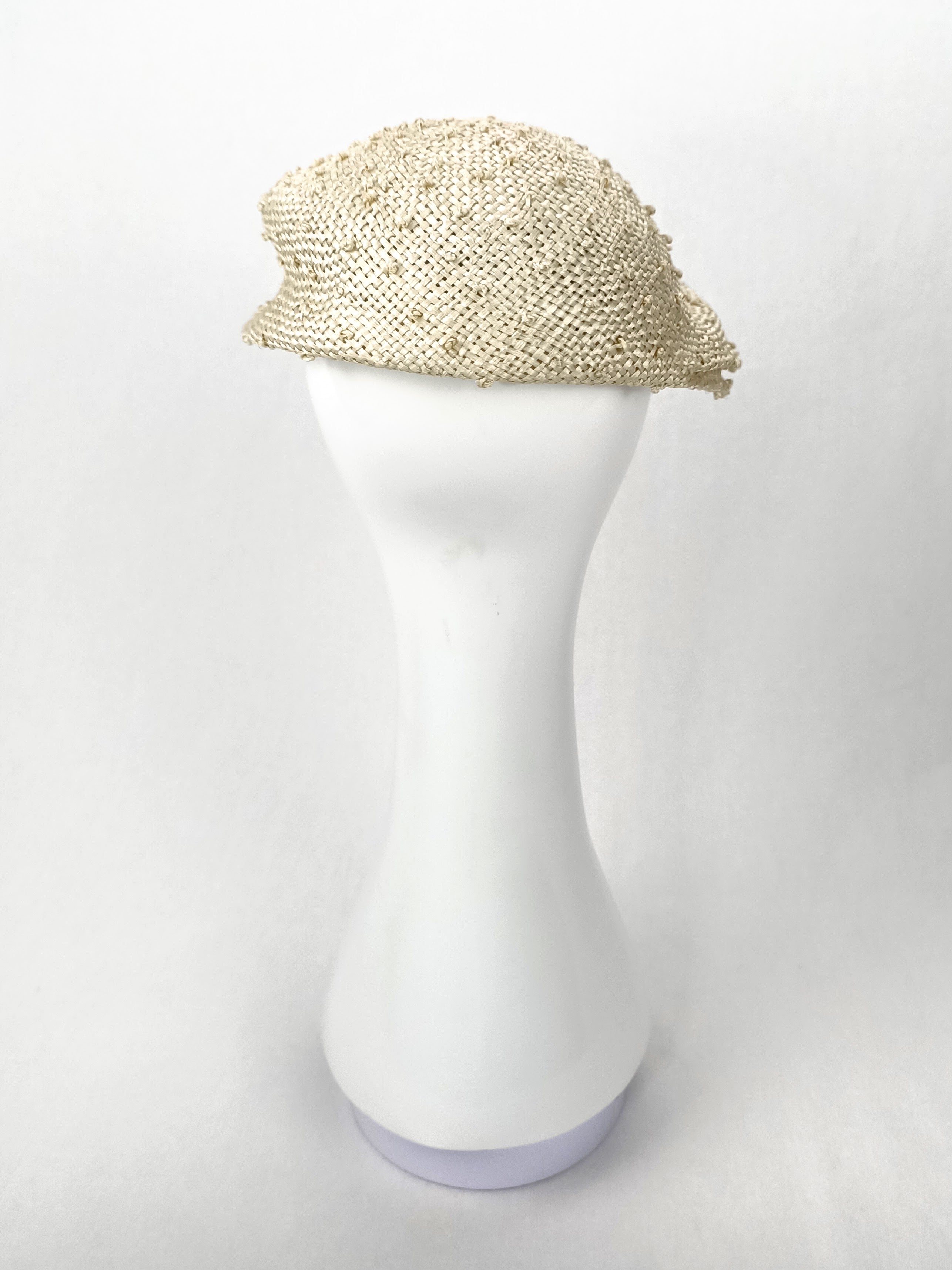 Kathryn Lee Millinery Pearle cap featuring straw and pearl – Australian couture headwear