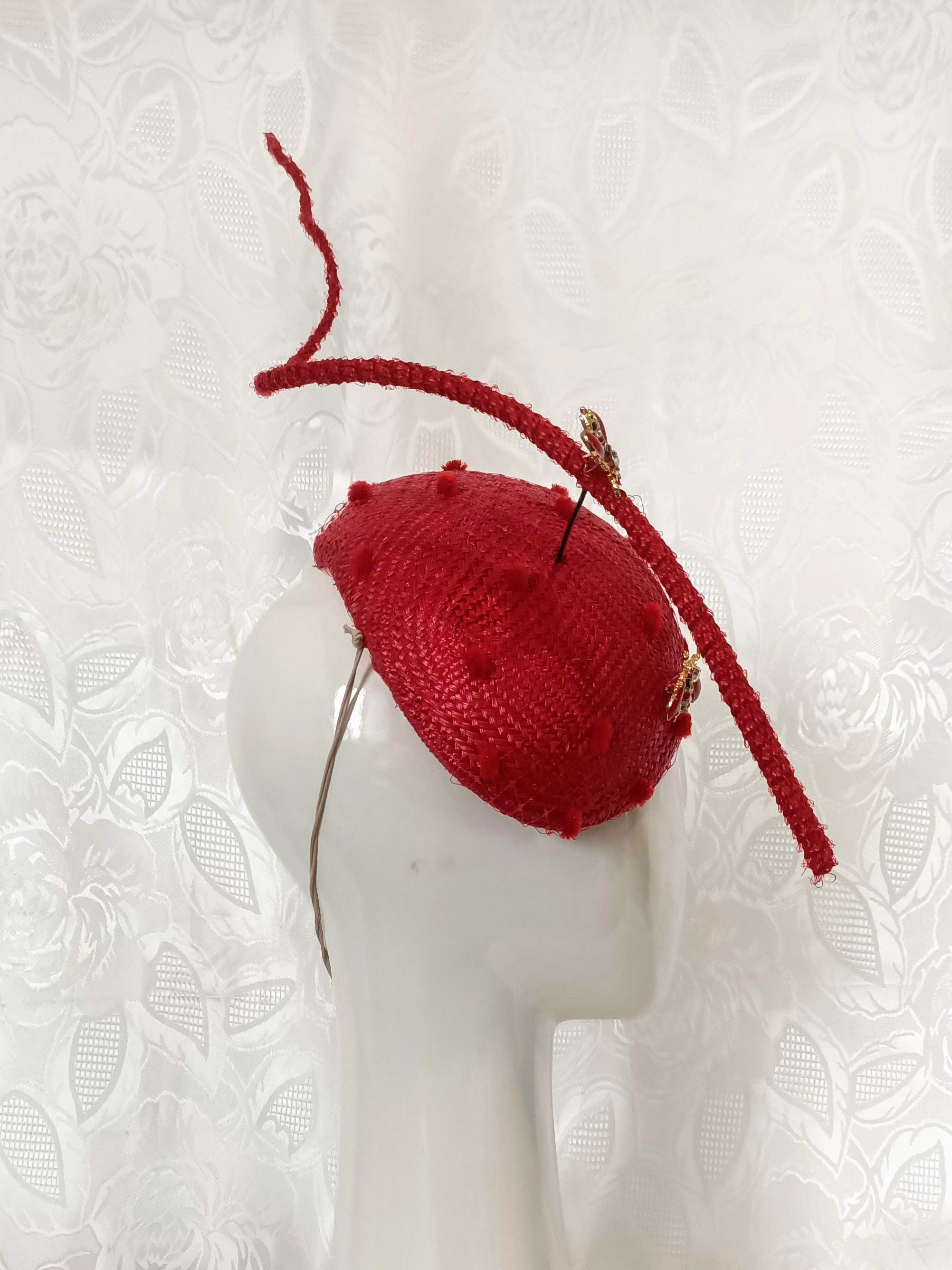 Handcrafted Red Straw Fascinator with Floating Quill & Ladybug Brooches – Kathryn Lee bespoke collection