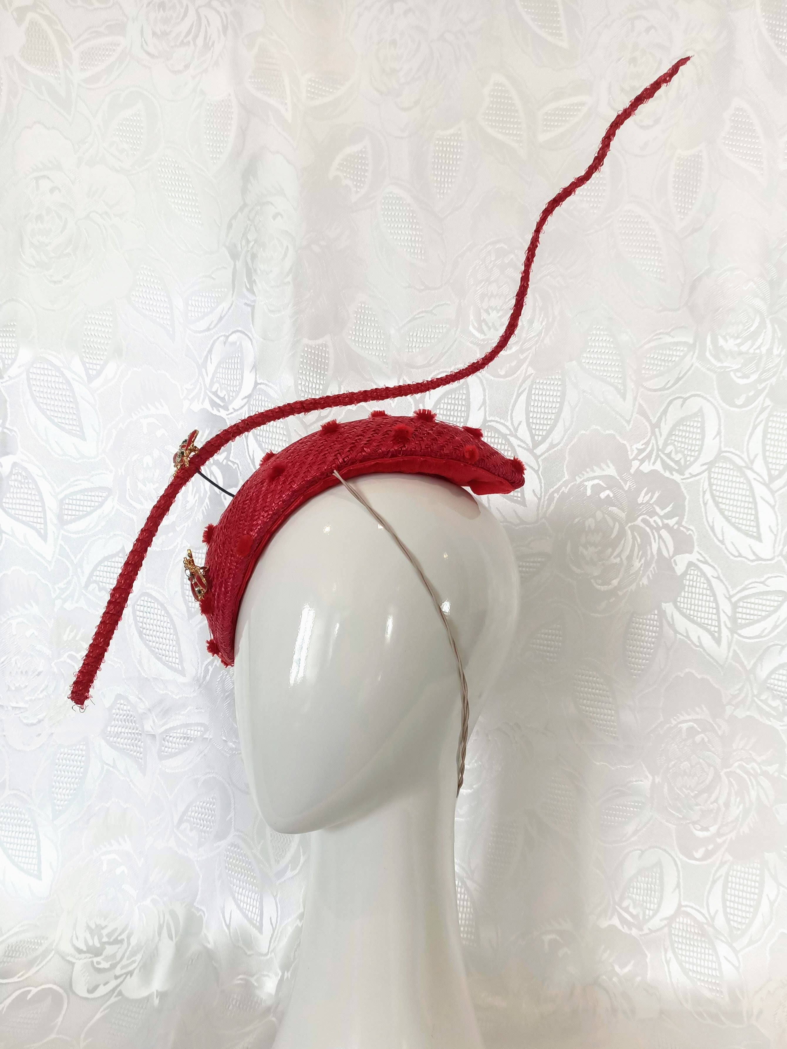 Designer Red Straw Fascinator with Floating Quill & Ladybug Brooches crafted from straw – Kathryn Lee Millinery Australia