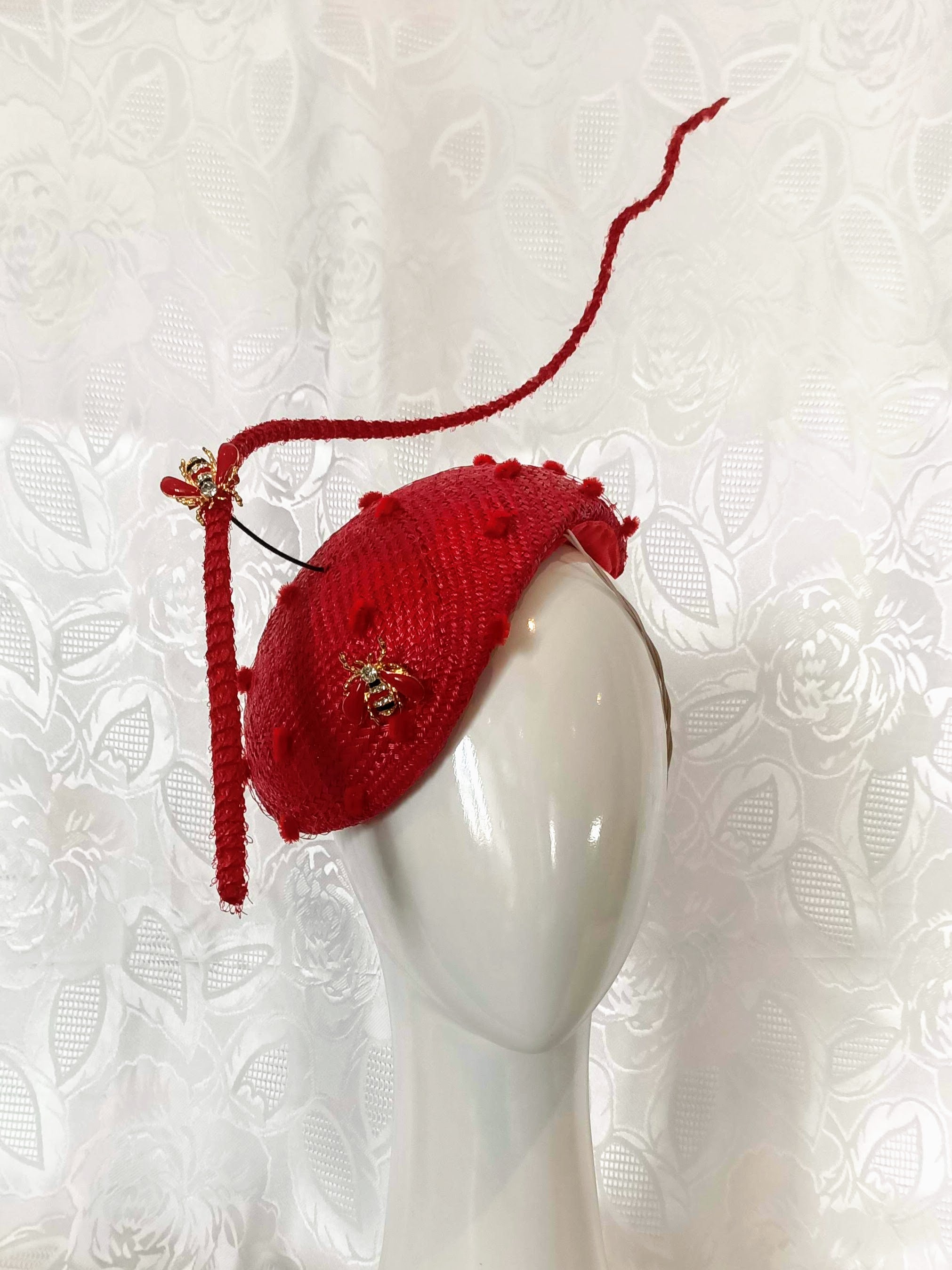 Red Straw Fascinator with Floating Quill & Ladybug Brooches by Kathryn Lee Millinery – bespoke headwear for Royal Ascot