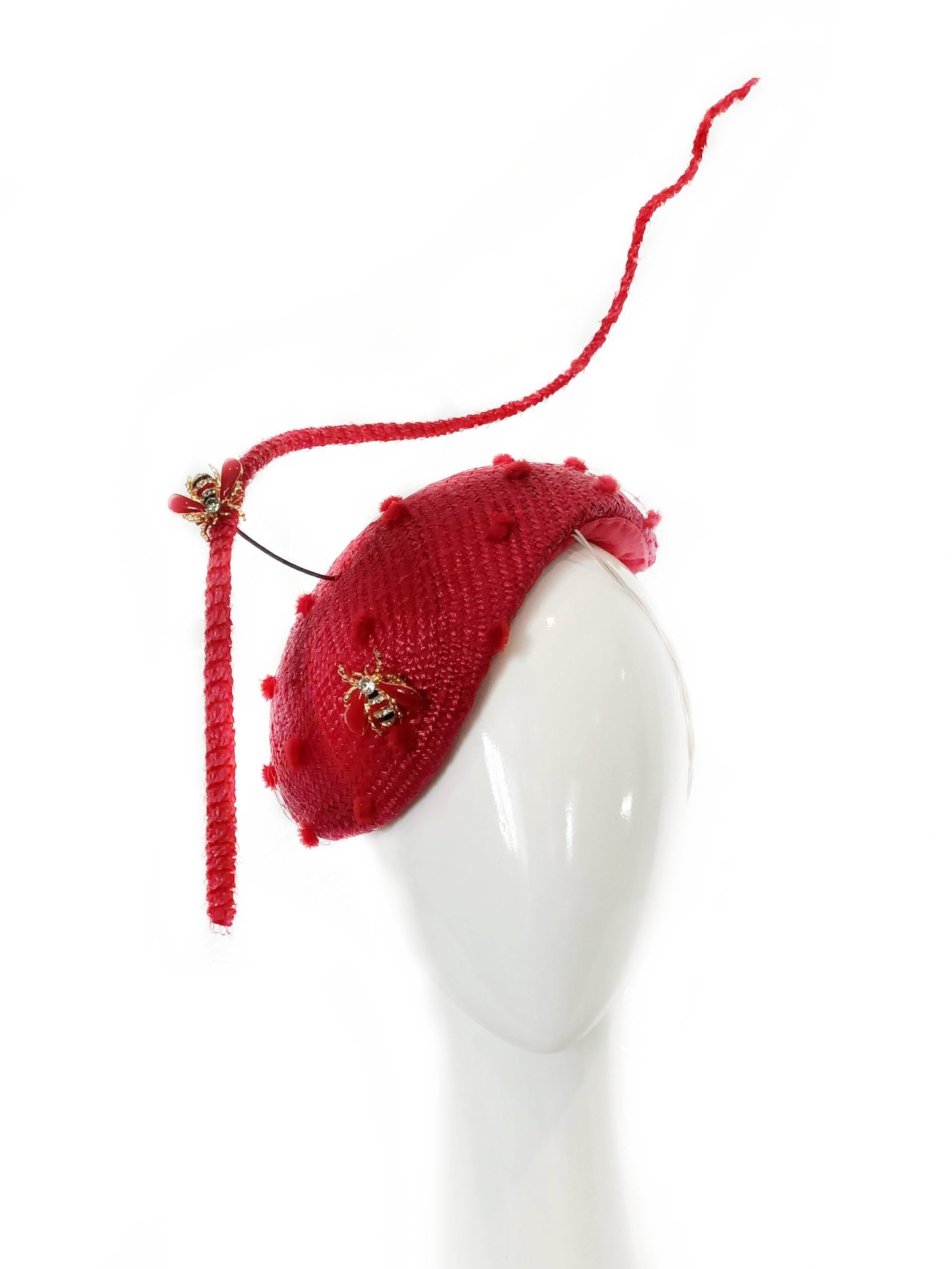 Red Straw Fascinator with Floating Quill & Ladybug Brooches – crafted from straw perfect for polo