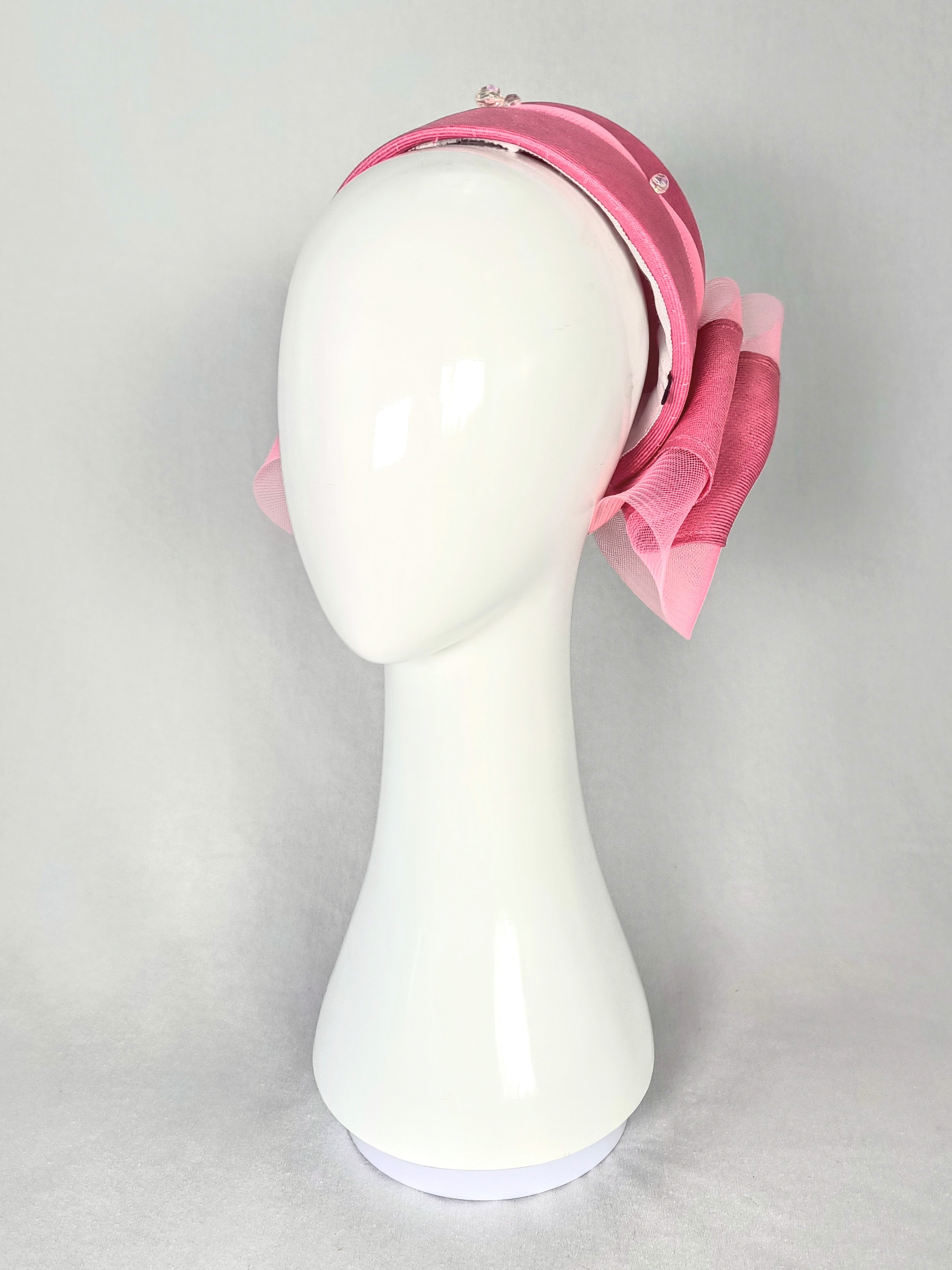 Pink pillbox hat Rosalie featuring straw and crystal – handmade in Sydney by Kathryn Lee
