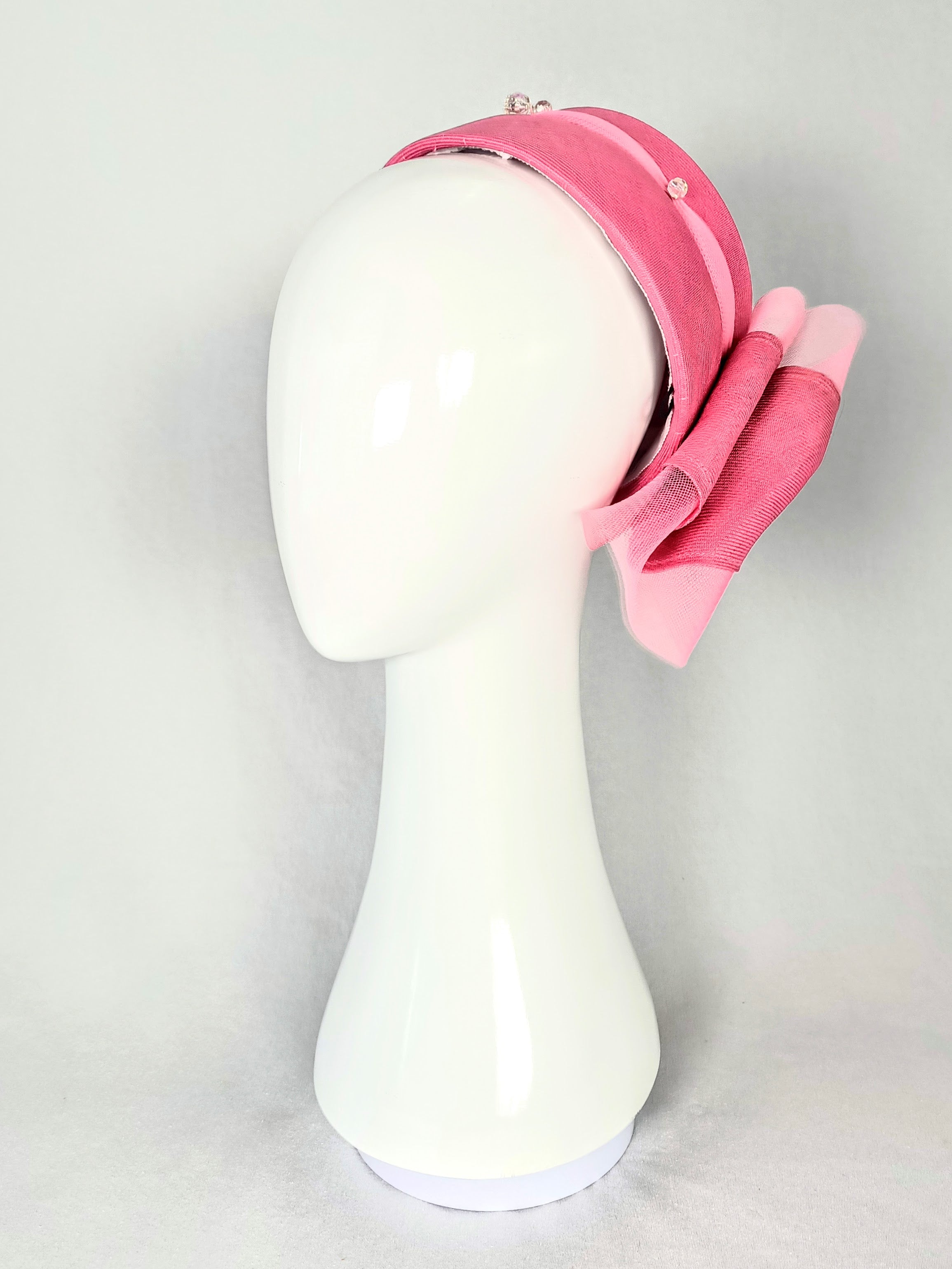Rosalie Pink pillbox hat crafted from straw and crystal by Kathryn Lee Millinery, Australian bespoke milliner