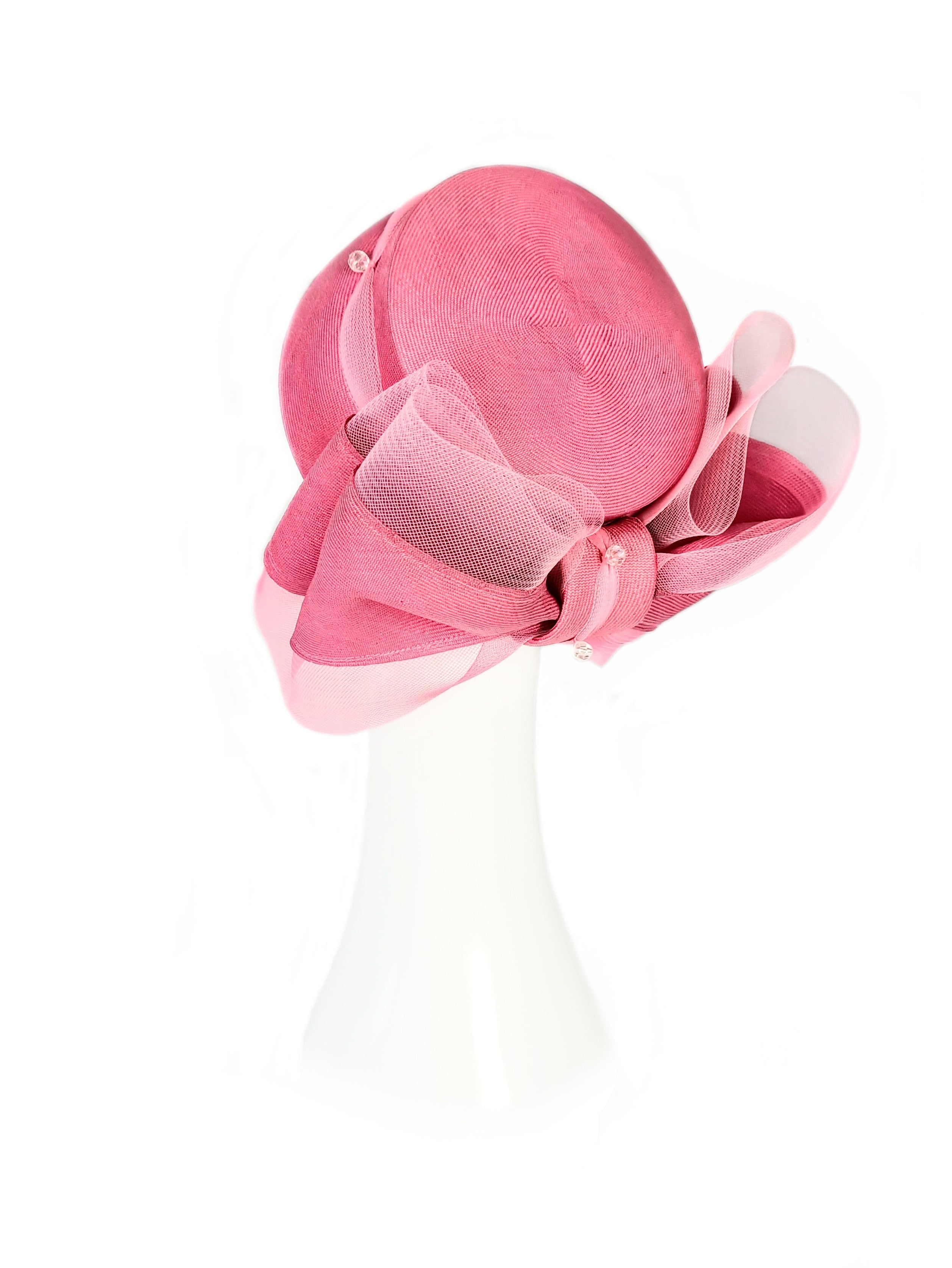 Australian milliner Kathryn Lee – Rosalie Pink pillbox hat featuring straw and crystal
