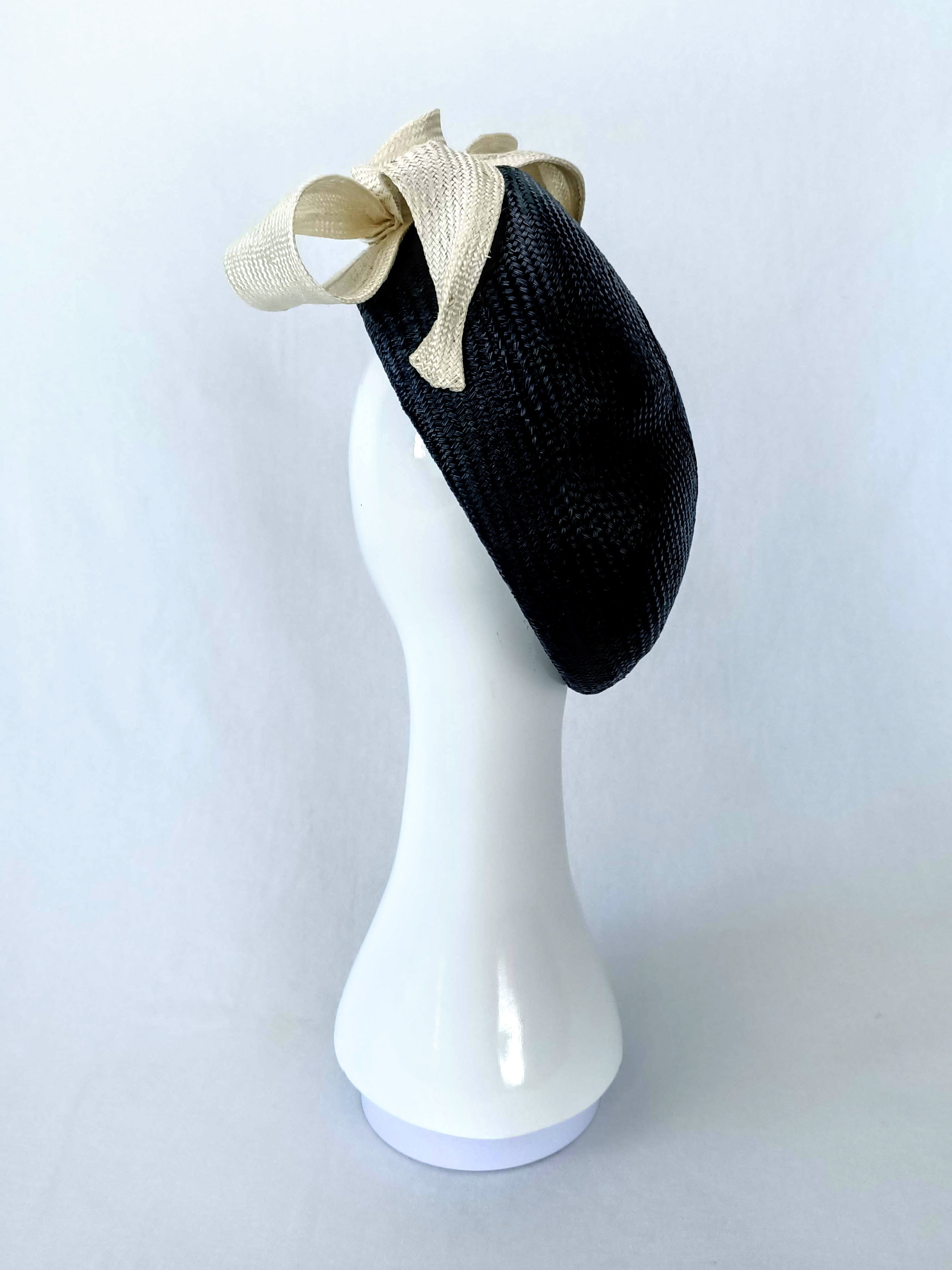Black beret Suzette featuring straw – handmade in Sydney by Kathryn Lee