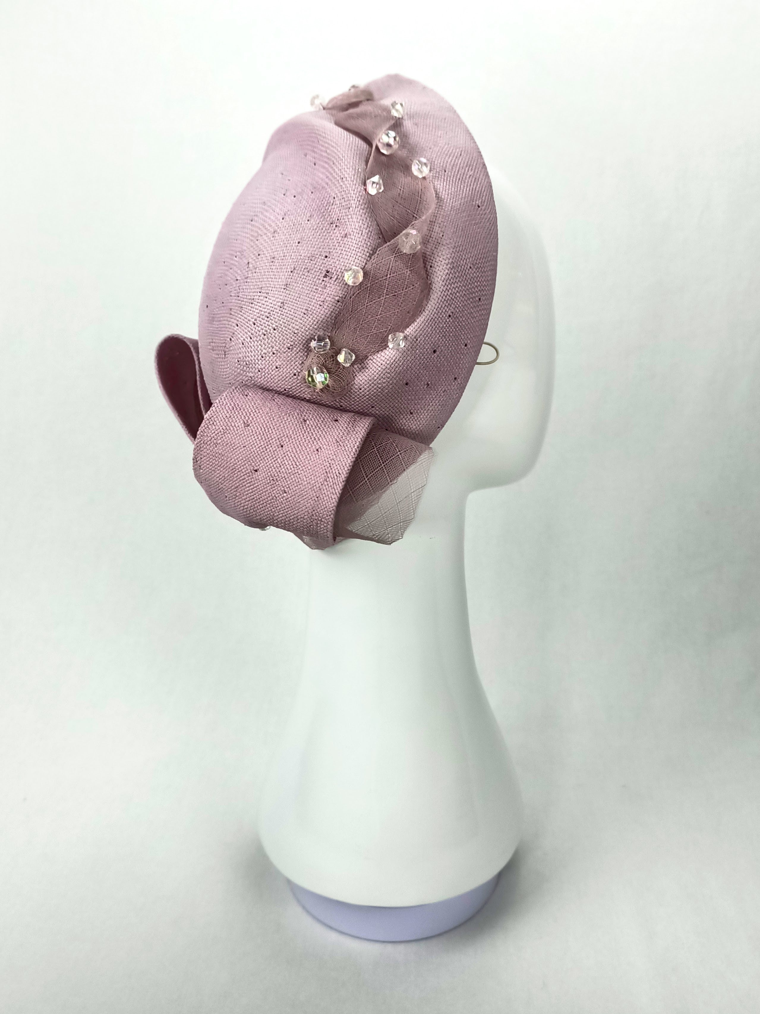 Australian milliner Kathryn Lee – Violet Lavender pillbox hat featuring straw and pearl
