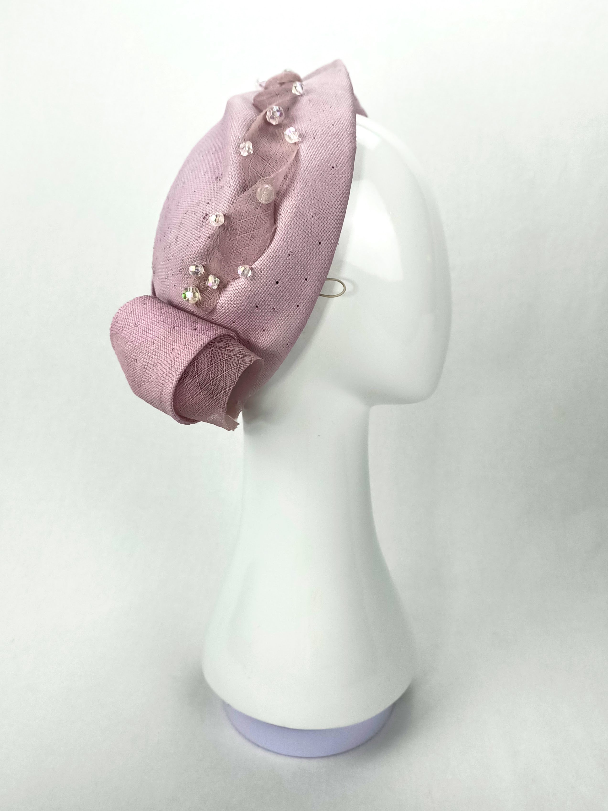 Violet handcrafted pillbox hat crafted from straw and pearl – perfect for polo and Kentucky Derby
