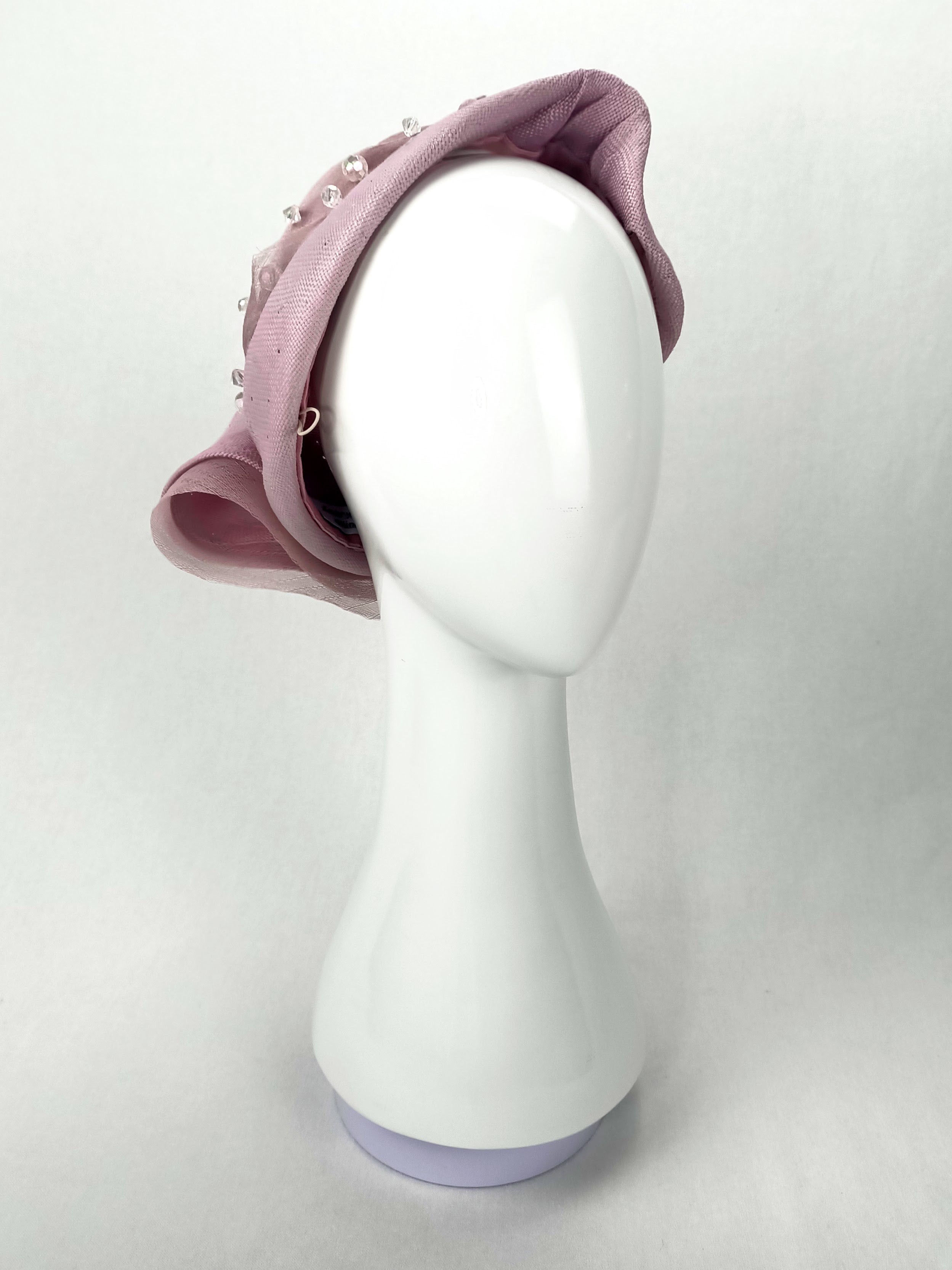 Violet handcrafted pillbox hat crafted from straw and pearl – perfect for spring racing carnival and Kentucky Derby