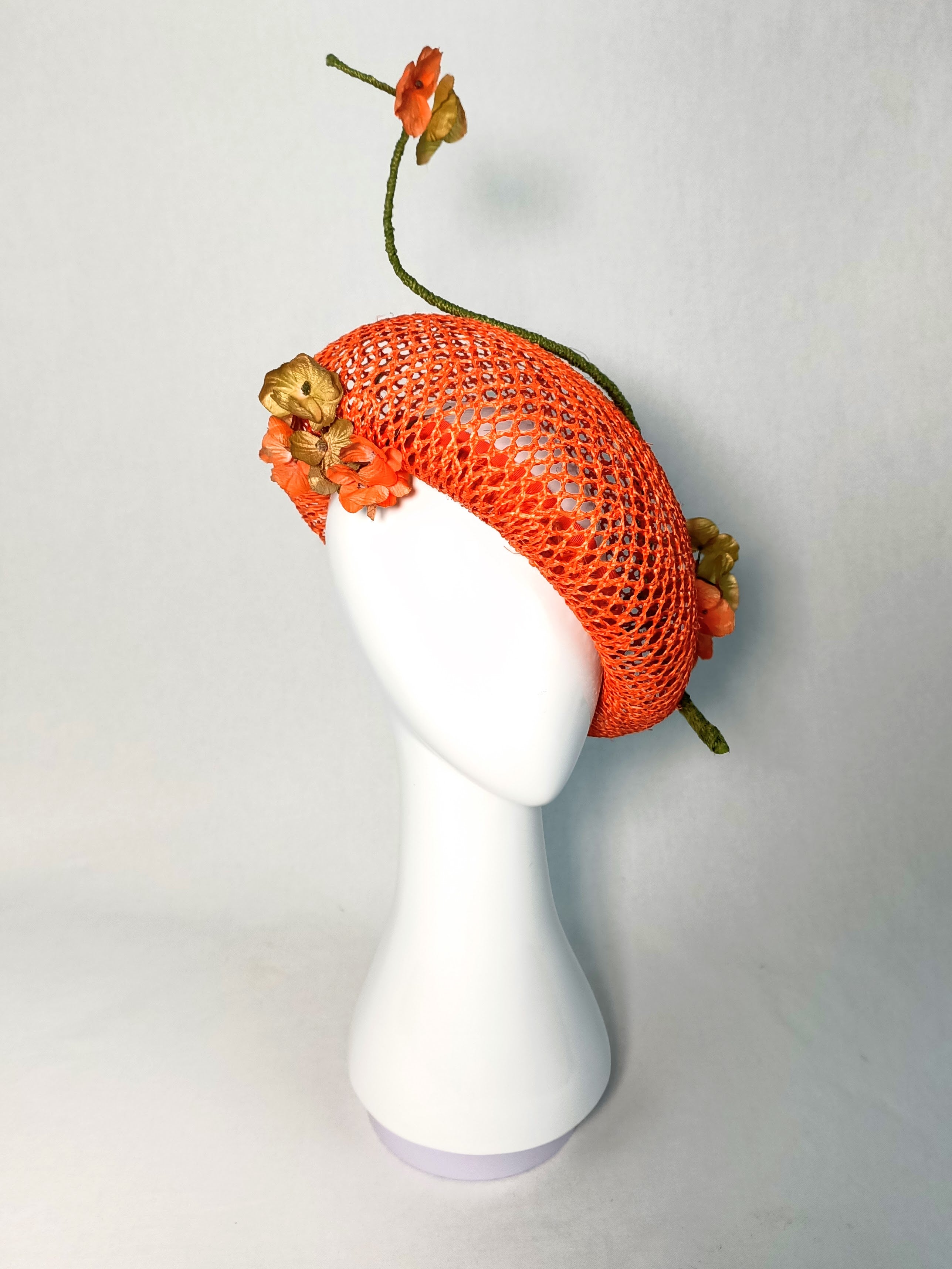 Australian milliner Kathryn Lee – Yvette Orange beret featuring straw and feather