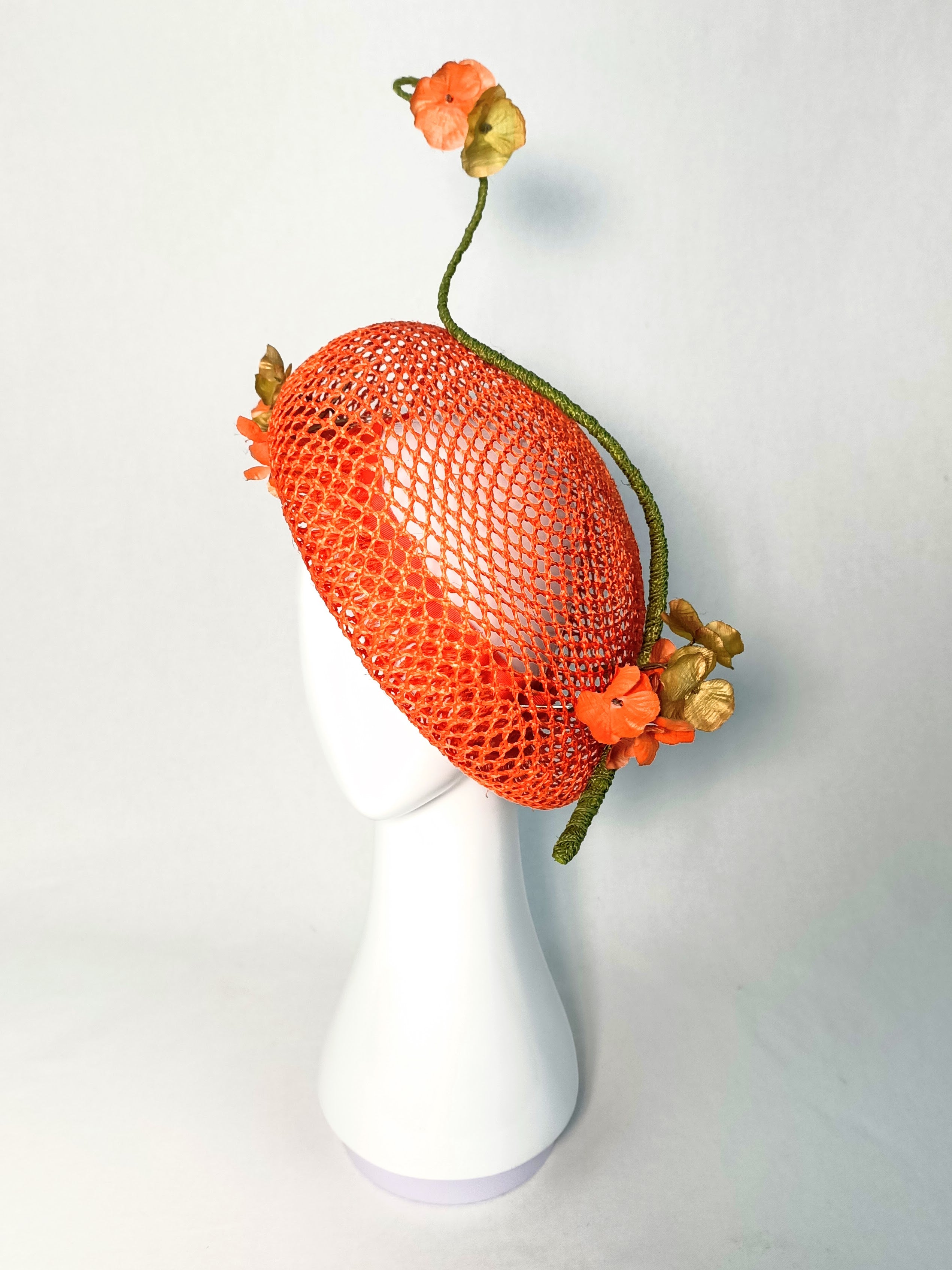 Yvette – Orange beret crafted from straw and feather perfect for Royal Ascot